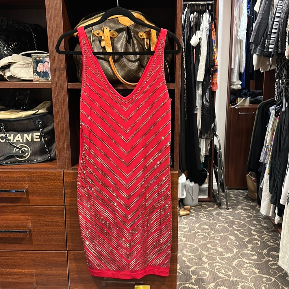 Studded, red holiday/evening dress